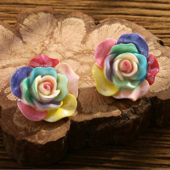 Flower rainbow Rose stud statement earrings Boho multicolor acrylic 💖 - Picture 17 of 17